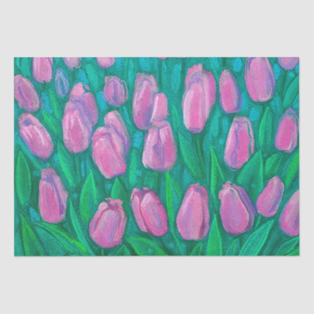 Pink Tulips Field, Frühlingsblumen Blumengemälde Seidenpapier (Vorderseite)