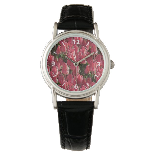 Pink Tulips Floral Armbanduhr (Vorderseite)