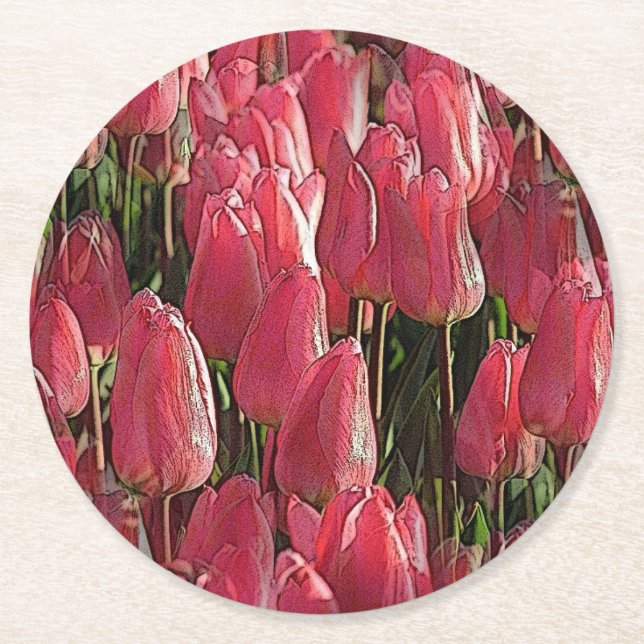 Pink Tulips Floral Runder Pappuntersetzer (Vorderseite)