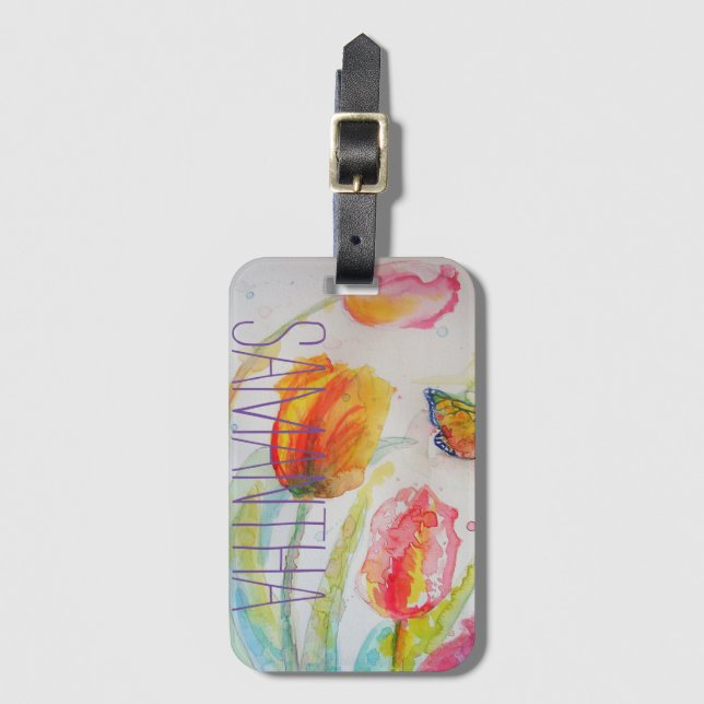 Pink Tulips Floral Watercolor Frauen Name Gepäckanhänger (Vorderseite Vertikal)