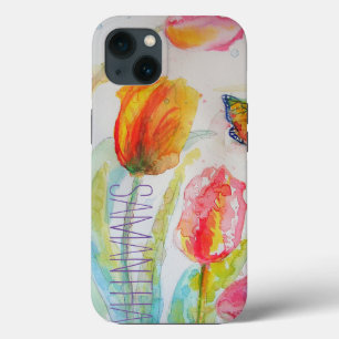 Pink Tulips Floral Watercolor Frauen Name iPhone 13 Hülle
