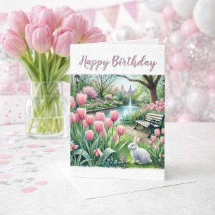 Pink Tulips im Park Happy Birthday Gruß Karte