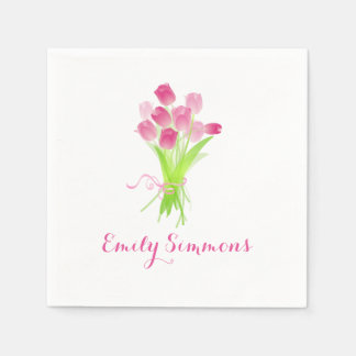 Pink Tulips & Name - Cocktail Napkin Serviette