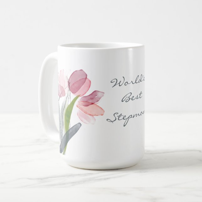 Pink Tulips Verlasse die beste Stepama-Welt Kaffeetasse (Vorderseite Links)