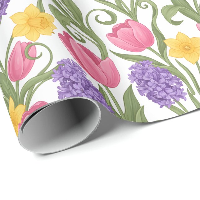 Pink Tulips, Yellow Daffodils, Purple Hyacinths Geschenkpapier (Rolleneckpunkt)