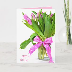 Pink-Tulpenbrot mit Bogen für den Namenstag Karte