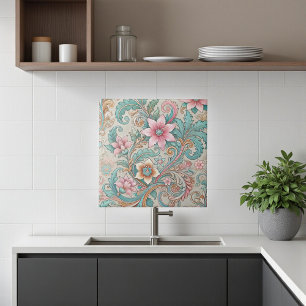 Pink Türkis Boho Batik Indonesische Wasserfarbe Fl Fliese