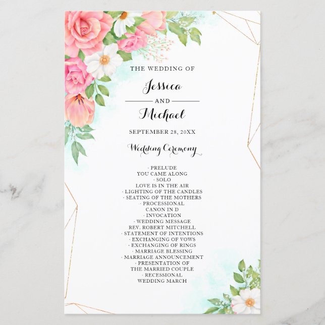 Pink Türkis Floral Bouquet Hochzeitsprogramm (Vorderseite)
