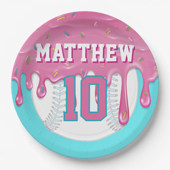 Pink & Turquoise Baseball Drip Birthday Party Pappteller (Vorderseite)