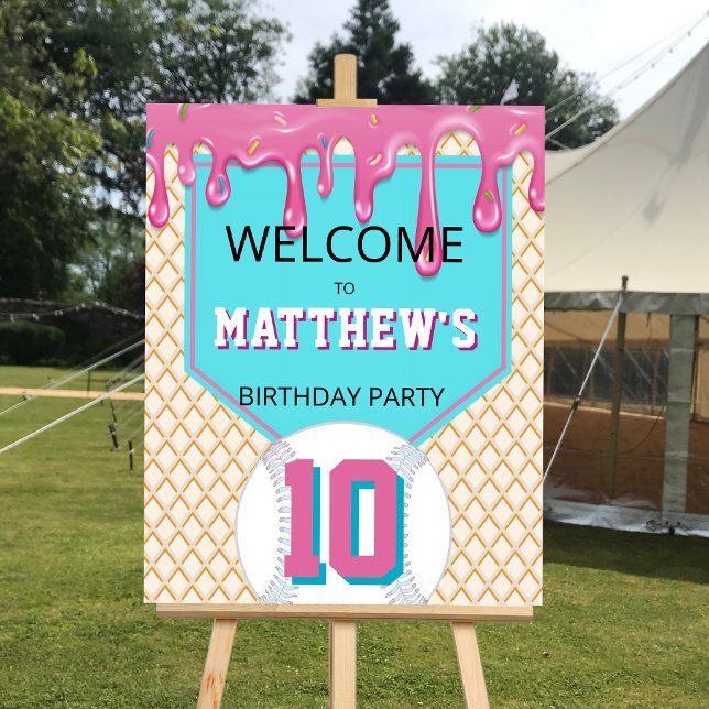 Pink Turquoise Baseball Drip Birthday Welcome Sign Poster (Von Creator hochgeladen)