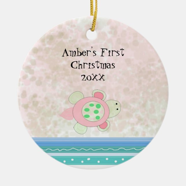 Pink Turtle Baby First Christmas Keramik Ornament (Vorne)