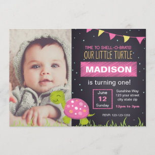 Pink Turtle Chalk Geburtstag Einladung mit Foto