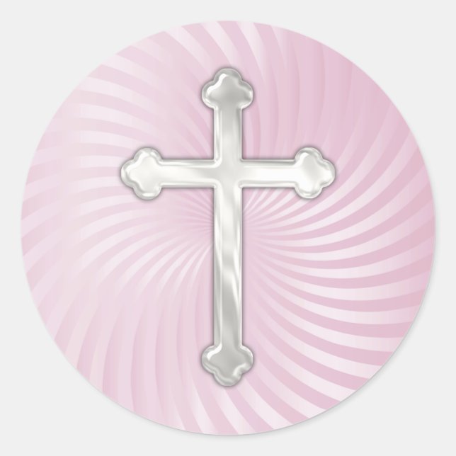 Pink Twirl Silver Pearl Cross Runder Aufkleber (Vorderseite)