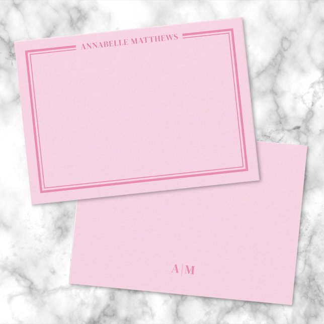 Pink Two Border Minimalist Name Monogram Mitteilungskarte (Pink Two Border Minimalist Name Monogram Note Card)