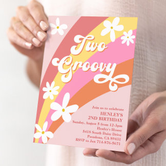 Pink Two Groovy Retro Daisies Rainbow Birthday Einladung