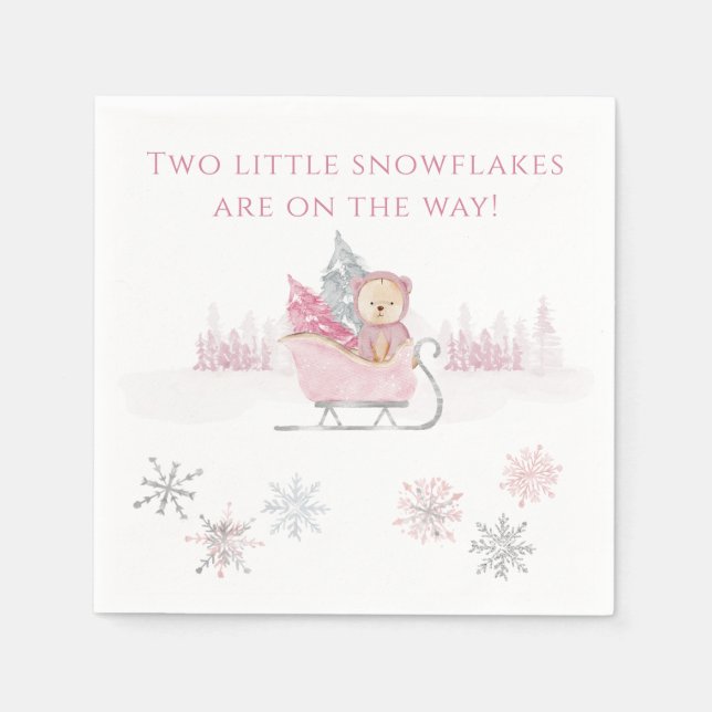 Pink Two Little Snowflakes Twin Baby Shower Serviette (Vorderseite)