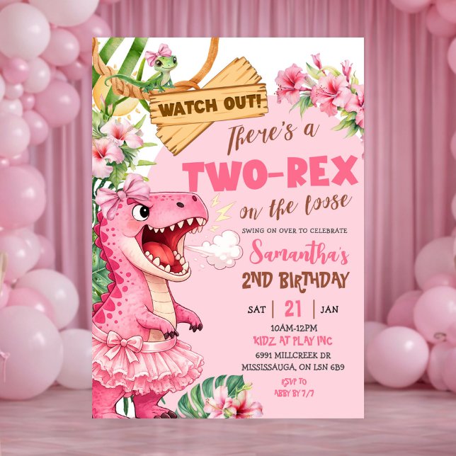 Pink Two Rex On The Loose Third Birthday Einladung (Von Creator hochgeladen)