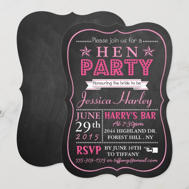 Pink Typografy Chalkboard Hen Party Einladung (Vorne/Hinten)