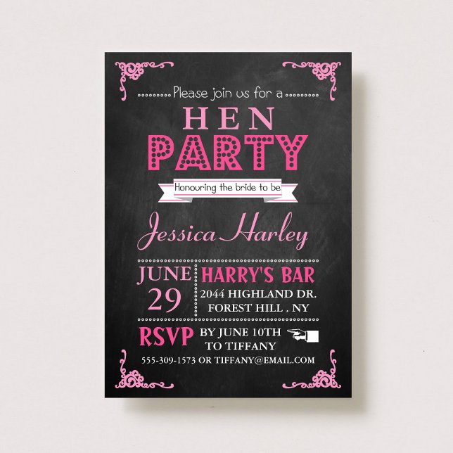 Pink Typografy Chalkboard Hen Party Einladung (Von Creator hochgeladen)