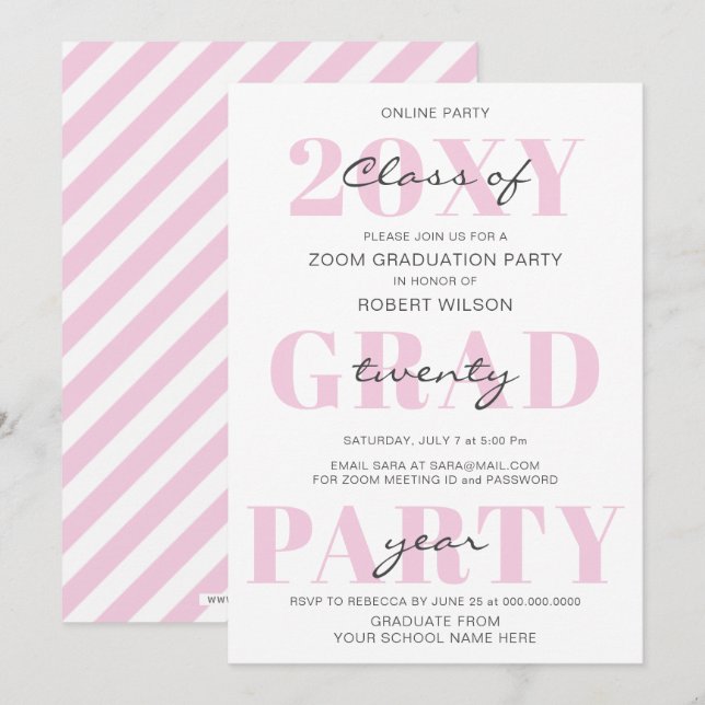 Pink Typografy Modern Online Graduation Party Einladung (Vorne/Hinten)
