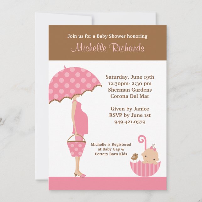 Pink Umbrella Babydusche Einladung (Vorderseite)