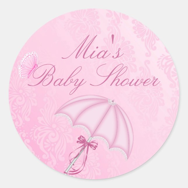 Pink Umbrella Design Babydusche Aufkleber (Vorderseite)