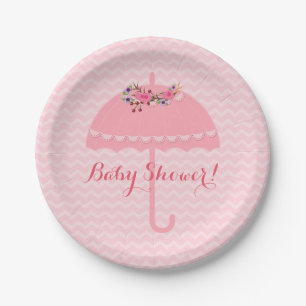Pink Umbrella Girl Babydusche Zickzack Papierplatt Pappteller