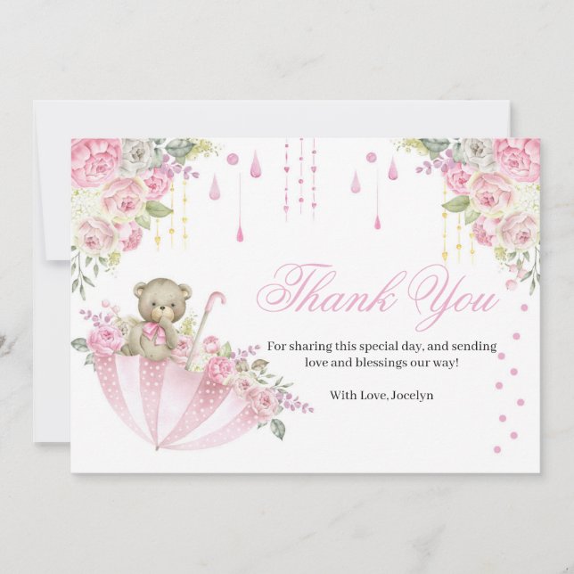 Pink Umbrella Teddy Bear Baby Sprinkle Danke, C Dankeskarte (Vorderseite)