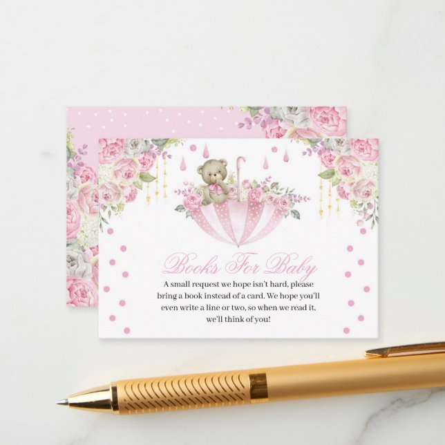 Pink Umbrella Teddy Bear Bücher für die Babyumschl Begleitkarte (Vorderseite/Rückseite Beispiel)