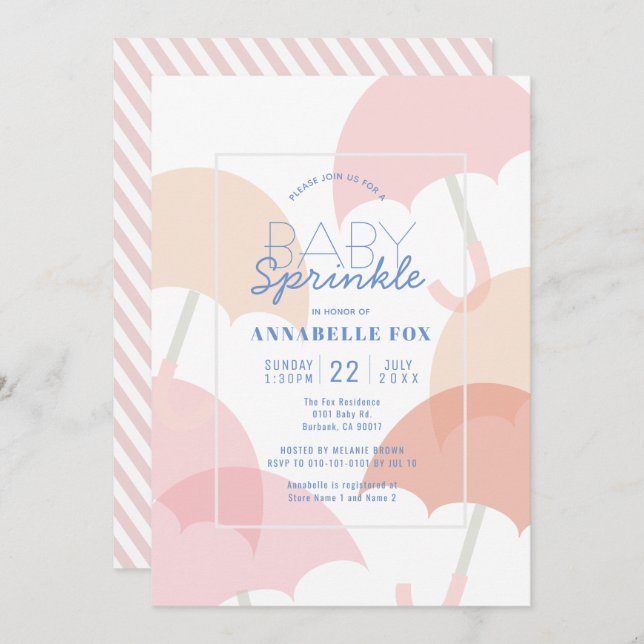 Pink Umbrellas Girl Baby Sprinkle Dusche Einladung (Vorne/Hinten)