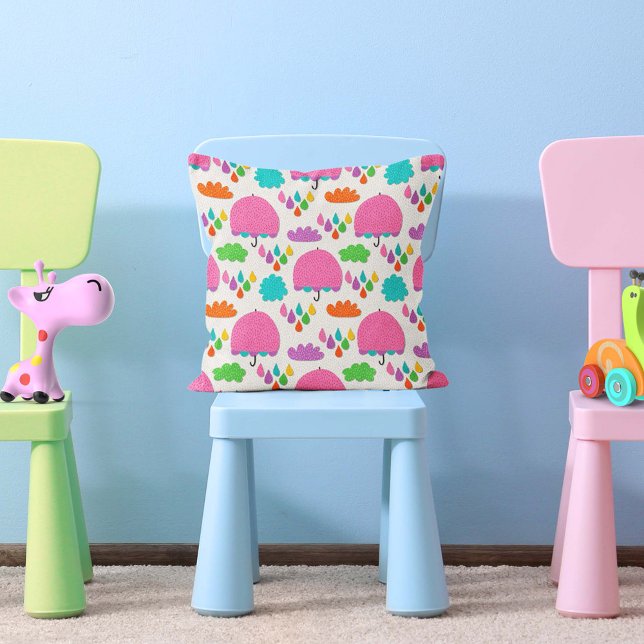 Pink Umbrellas with Clouds and Raindrops Kissen (Von Creator hochgeladen)