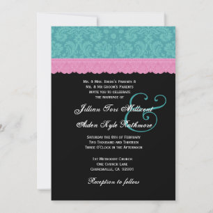 Pink und Aqua Damask Spitzen-Hochzeitsmonogramm P5 Einladung