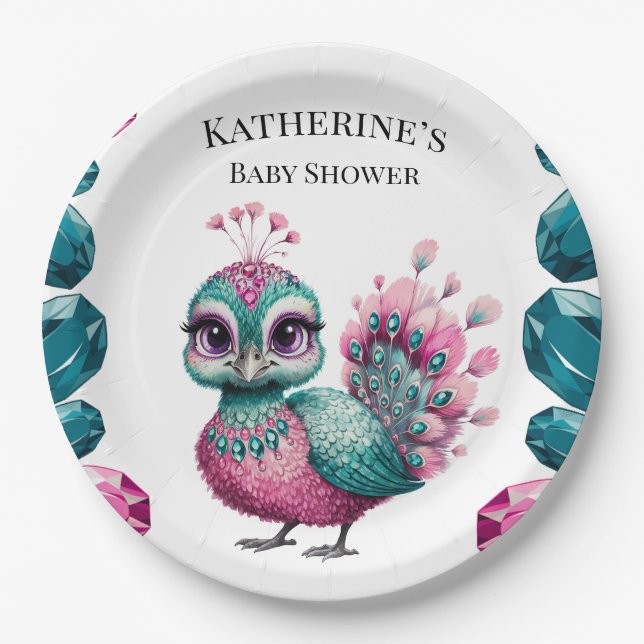 Pink und Aquamarin Jewel Baby Peacock Baby Dusche Pappteller (Vorderseite)