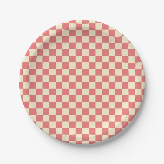 Pink und Beige Checkerboard Pappteller (Vorderseite)