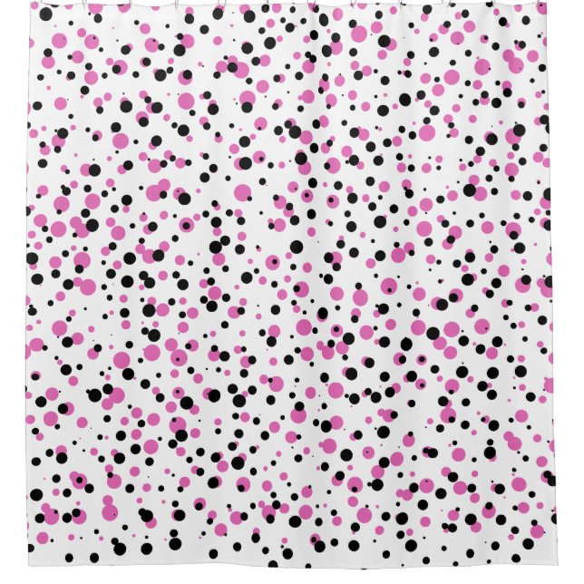 Pink und Black Confetti Dots Muster auf Weiß Duschvorhang (Vorderseite)