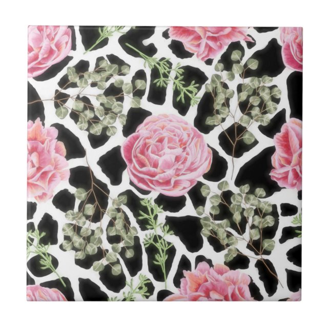 Pink und Black Giraffe Muster und Blume Fliese (Vorderseite)