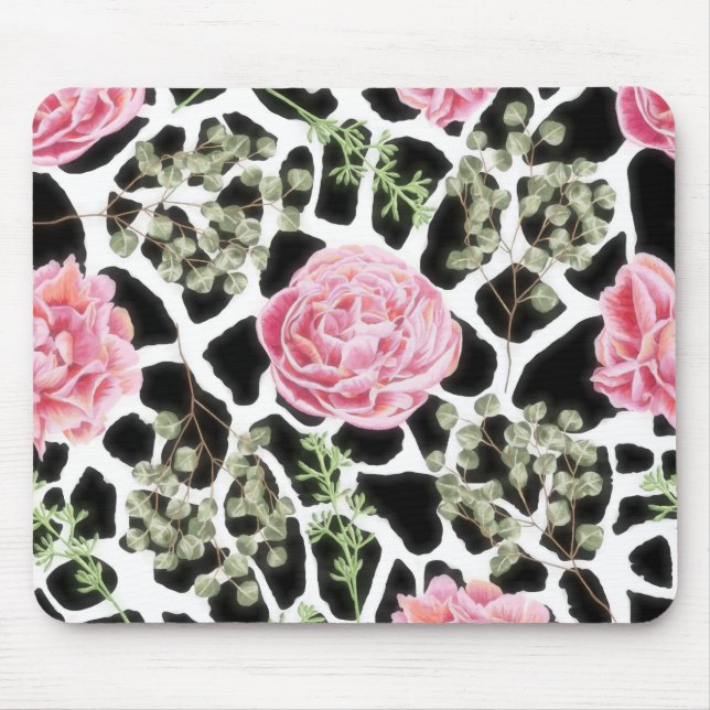 Pink und Black Giraffe Muster und Blume Mousepad (Vorne)