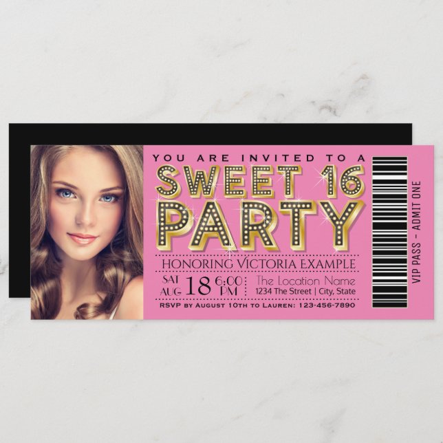 Pink und Black Hollywood Glam Sweet 16 Ticket Einladung (Vorne/Hinten)