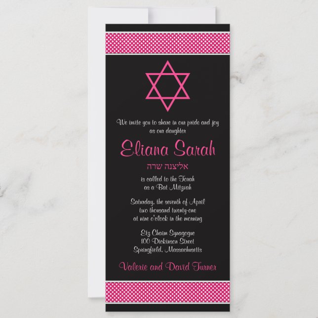 Pink und Black Polka Dots Bat Mitzvah Einladung (Vorderseite)