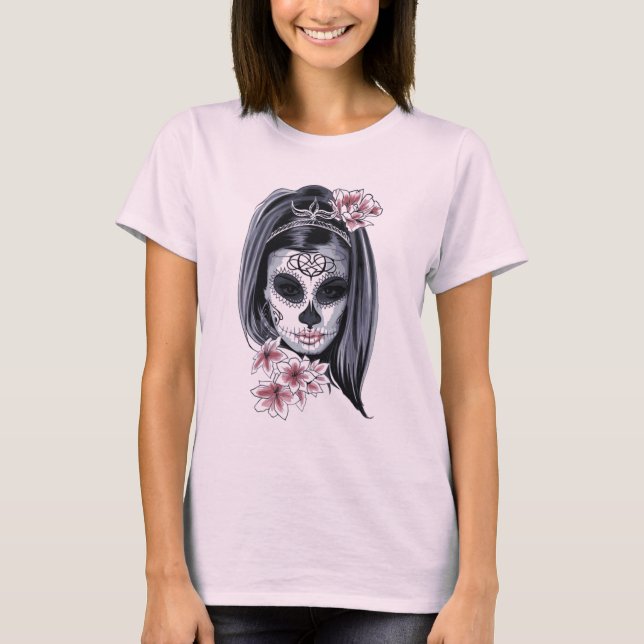 Pink und Black Sugar Skull Hippie Girl T-Shirt (Vorderseite)