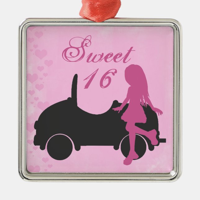Pink und Black Sweet 16 Silhouetten Mädchen und Au Ornament Aus Metall (Vorne)