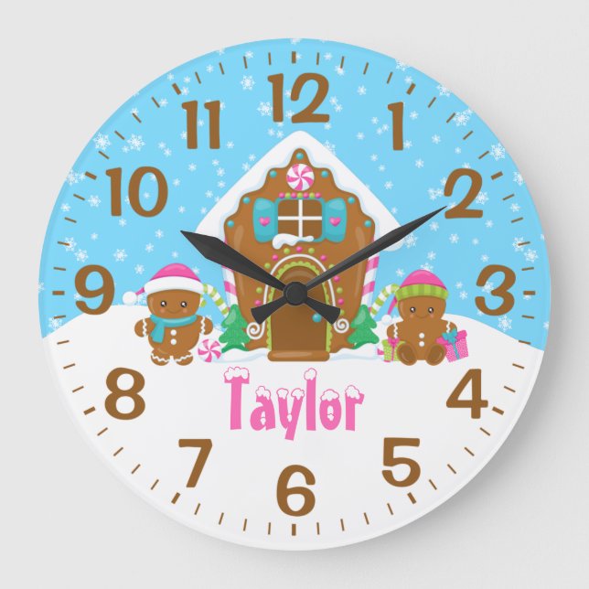 Pink und Blau des Lebkuchenhauses Große Wanduhr (Vorderseite)