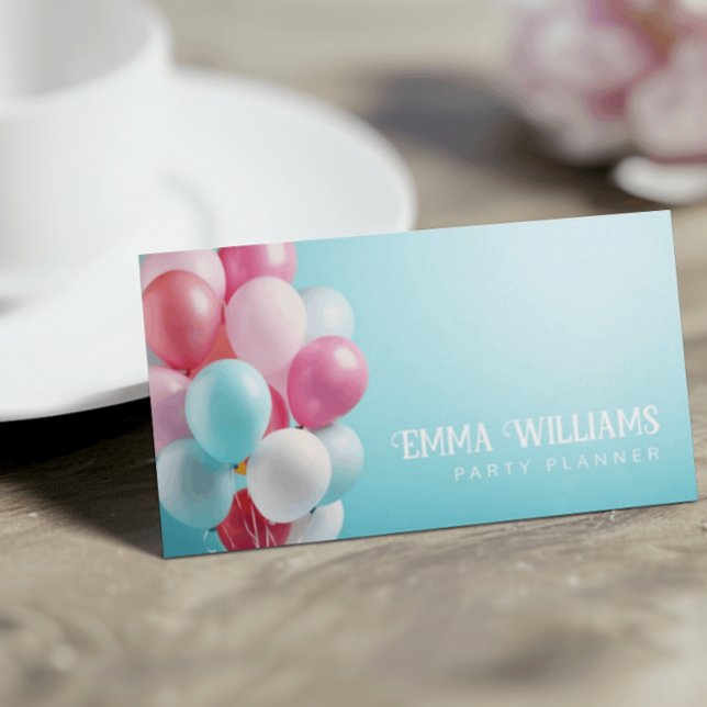 Pink und Blue Ballons Party Planer Business Card Visitenkarte (Von Creator hochgeladen)