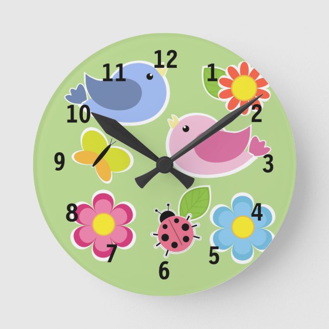 Pink und Blue Bird (Medium) Wall Clock Runde Wanduhr (Vorderseite)