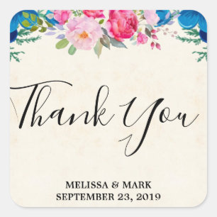 Pink und Blue Blume Border Wedding Danke Quadratischer Aufkleber