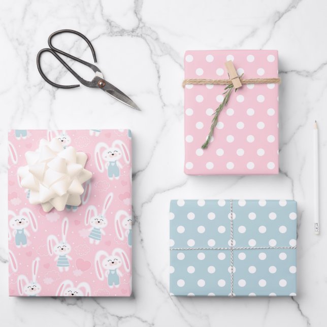 Pink und Blue Bunny Bunny Rabbit Wrapping Papier S (Vorderseite)