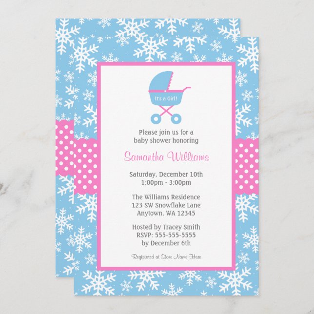Pink und Blue Carriage Snowflakes Babydusche Einladung (Vorne/Hinten)