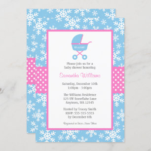 Pink und Blue Carriage Snowflakes Babydusche Einladung