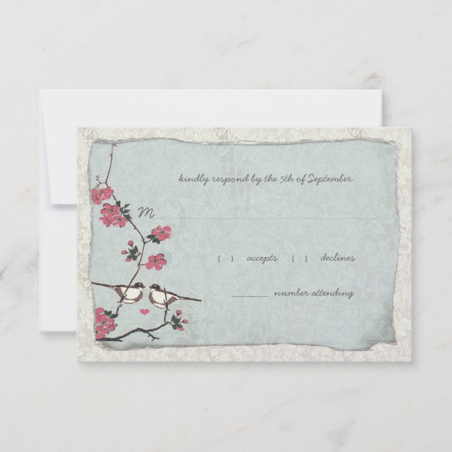 Pink und Blue Cherry Blossom Chickadee UAWG RSVP Karte (Vorderseite)