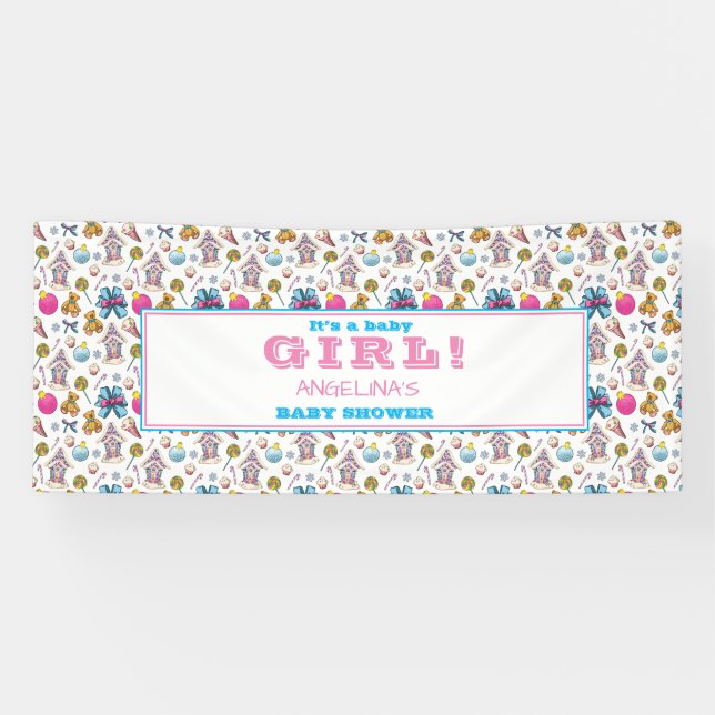 Pink und Blue Christmas Pattern Girl Baby Dusche Banner (Horizontal)